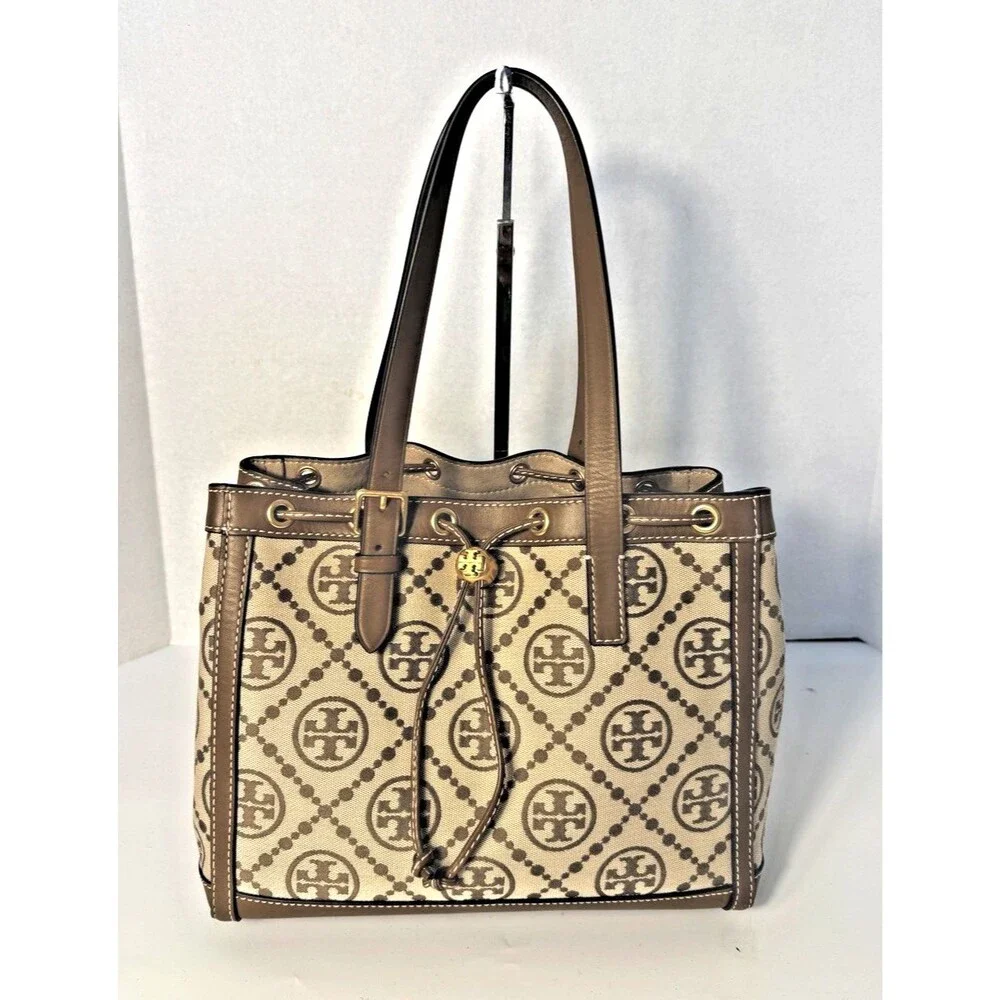 Tory Burch T Monogram Jacquard Logo Tote Bag Large Double Strap Cinch Drawstring